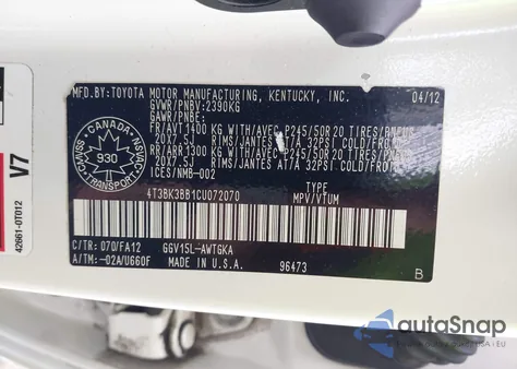 2012 Toyota Venza Base V6 из США, поврежденный, VIN 4T3BK3BB1CU072070